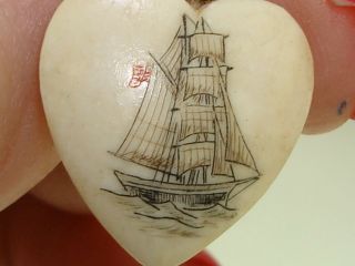 Vintage Etched Scrimshaw Sailing Ship Heart Pendant