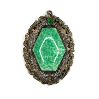 Vtg Czech Peking Glass Pendant Brass Filigree Green Rhinestone Art Deco