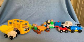 Vintage Fisher Price Little People Minibus Chairs Figures Police Car Tank Truck