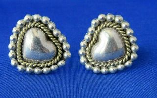 Vtg Taxco Sterling Silver Heart Clip Earrings Ta - 114,  Beaded Puff Design