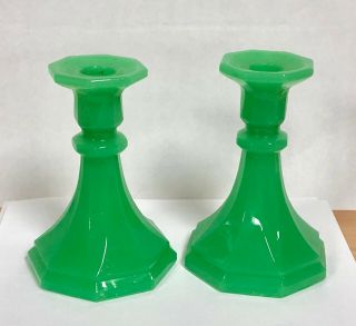 Vintage Green Opaline Uranium Glass Candlesticks Pair
