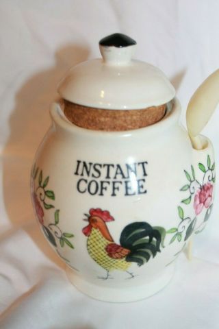 Vintage Rooster And Roses Instant Coffee Jar With Spoon Holder Japan