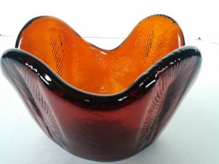 Vintage Thick Hand Blown Amber Art Glass W/ Impressed Feathers - Very Unique