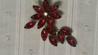 Vintage Costume Jewelry Brooch Flower And Vine Shape With Red Stones