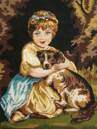 Vintage Completed Tapestry Needlepoint The Little Girl And The Dog 26 " X20 "