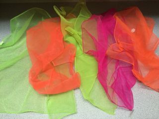 Set Of 5 Vintage Juggle Bug Juggling Scarves Neon Variety Nylon Handkerchiefs