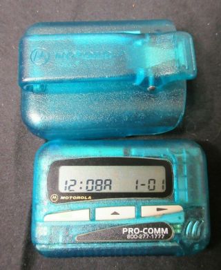 Vintage Motorola Pro - Comm Translucent Bright Blue Pager Beeper With Clip