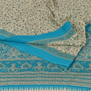 Sanskriti Vintage Cream Saree Crepe Silk Printed Sari Craft 5 Yard Decor Fabric