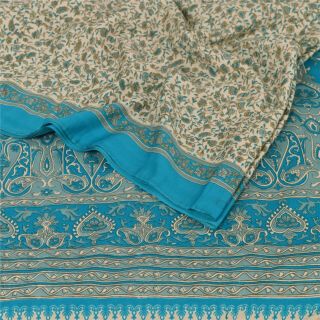 Sanskriti Vintage Cream Saree Crepe Silk Printed Sari Craft 5 Yard Decor Fabric 2