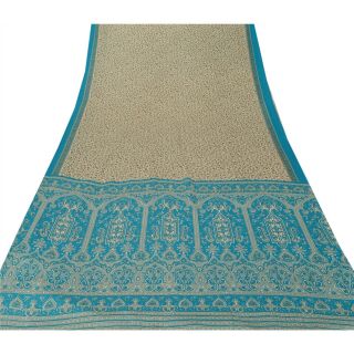 Sanskriti Vintage Cream Saree Crepe Silk Printed Sari Craft 5 Yard Decor Fabric 3