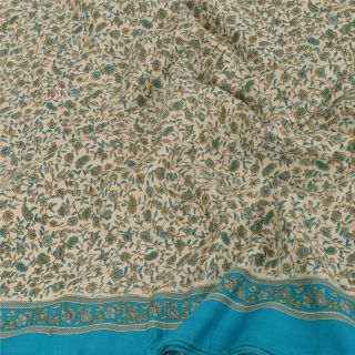 Sanskriti Vintage Cream Saree Crepe Silk Printed Sari Craft 5 Yard Decor Fabric 5