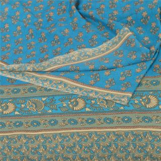 Sanskriti Vintage Blue Saree Crepe Silk Printed Sari Craft 5 Yard Decor Fabric
