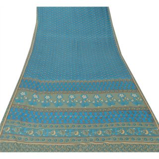Sanskriti Vintage Blue Saree Crepe Silk Printed Sari Craft 5 Yard Decor Fabric 2