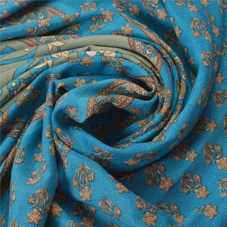 Sanskriti Vintage Blue Saree Crepe Silk Printed Sari Craft 5 Yard Decor Fabric 3