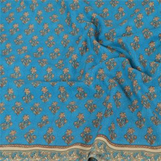 Sanskriti Vintage Blue Saree Crepe Silk Printed Sari Craft 5 Yard Decor Fabric 4