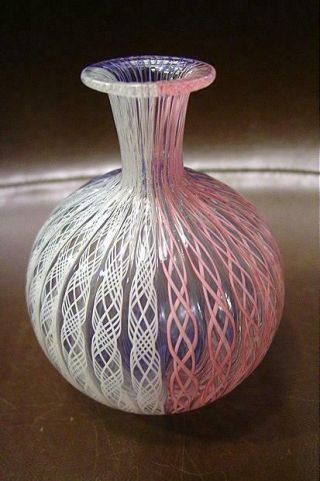 Vintage Pink Blue & White Italian Murano Venetian Art Glass 4 " Vase W/ Latticino