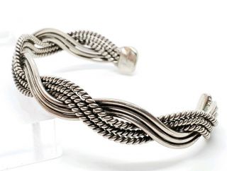 Vintage Signed Cii 925 Sterling Silver Mexico Rope & Smooth Woven Cuff Bracelet