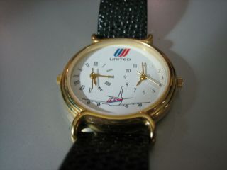Vintage United Airlines Dual Time Zone Wrist Watch W/black Leather Band