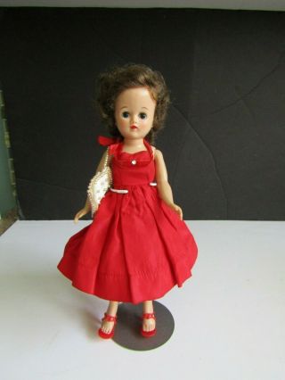 Vtg Vogue Jill Doll 10 " Brunette Wearing A Red Taffeta Dress W Red Slip & Purse