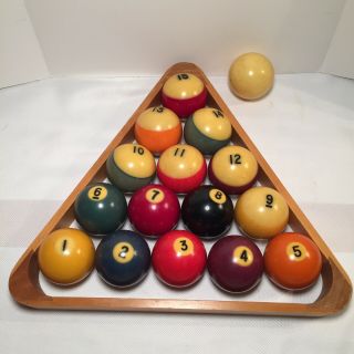 Vintage Billiard 2 1/4 Pool Balls Complete Set With Vtg Wood Triangle Rack