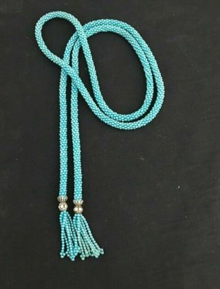 Vintage Art Deco “flapper” Style Aqua Hand Woven Seed Beaded Necklace 94
