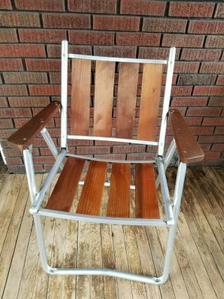 Vintage Mid Century Redwood Slat Aluminum Folding Lawn Chair Patio