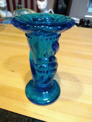 Vintage Blue Glass Hand Holding Fluted Vase Bubbles