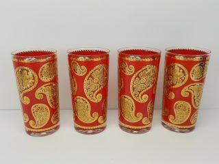 Vintage Culver 22k Red And Gold Paisley High Ball Tumbler Glasses Set 4 - 8 Oz