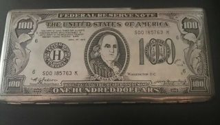 Vintage Cigarette Case Engraved Metal 100 Dollar Bill Ben Franklin