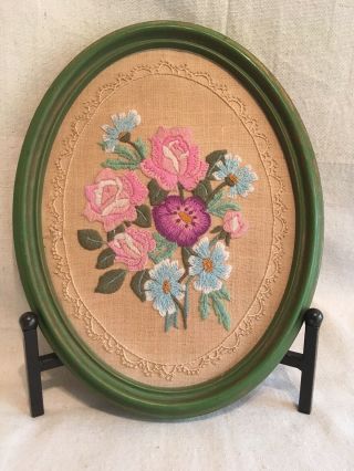Crewel Embroidery Vintage Flower 12 X 10 Oval Frame Completed Fiber Art Bohochic