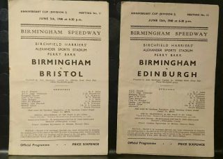 2 X Vintage Birmingham Speedway Programmes Meetings 11 & 12,  Div 2,  June 1948.