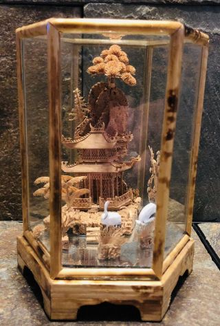 Vintage Chinese Hand Carved Cork Scene With Cranes 6” Diorama Very Intricate Euc