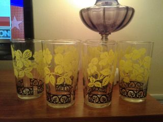 Vintage Federal Glass Tumblers With Yellow Flowers And Black Border 6 Euc