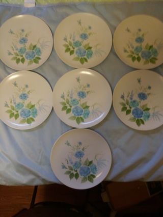 Set Of 7 Vintage Texas Ware Melmac Dinner Plates,  Blue Roses - 10 Inches