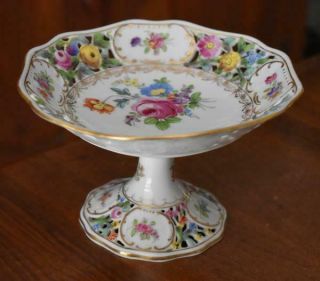 Lovely Vintage Schumann Dresden Flowers Reticulated Scalloped Edge Candy Compote