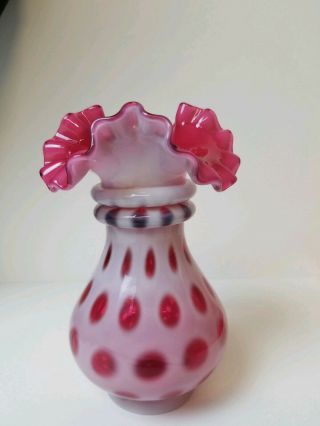Vintage Fenton Art Glass Cranberry Pink Opalescent Coin Dot Ruffled Rim Vase 6 "