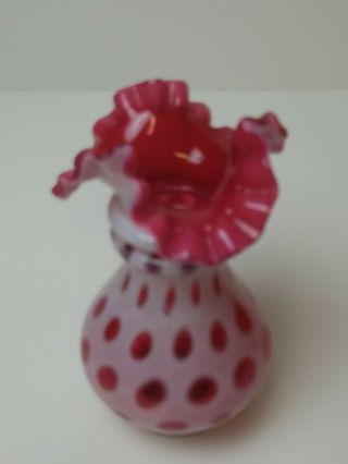 Vintage FENTON Art Glass Cranberry Pink Opalescent Coin Dot Ruffled Rim Vase 6 