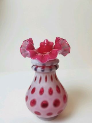Vintage FENTON Art Glass Cranberry Pink Opalescent Coin Dot Ruffled Rim Vase 6 