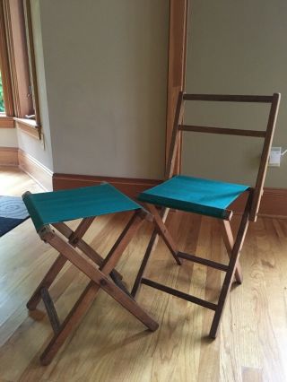 Vintage Green Canvas Wood Camping Chair And Stool Folding