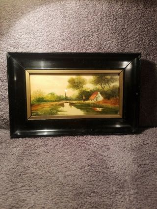 Vintage Miniature Painting On Tile - Signed Made In Holland 5 " H X 8 " W