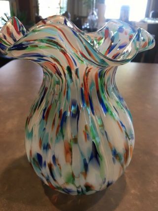Vtg Murano Splatter Art Glass Ruffle Top Vase 7.  75 " Multicolor Ribbed End Of Day