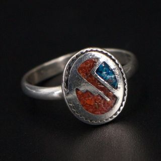 Vtg Sterling Silver - Navajo Signed Turquoise Coral Inlay Ring Size 6.  25 - 2.  5g