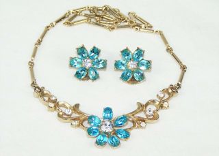 Vintage Coro Necklace Clip Earrings Set Topaz Clear Rhinestone Choker Flowers