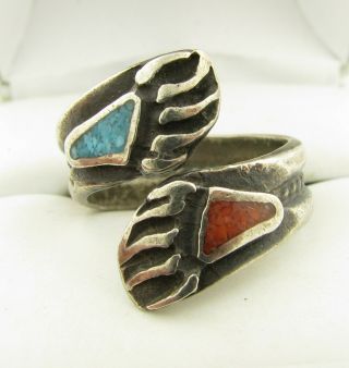 Vintage Navajo Turquoise & Coral Chip Bear Claw Bypass Sterling Silver Ring