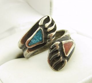 Vintage Navajo Turquoise & Coral Chip Bear Claw Bypass Sterling Silver Ring 2