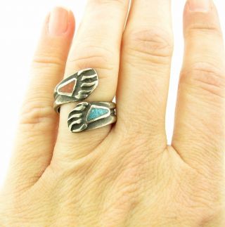 Vintage Navajo Turquoise & Coral Chip Bear Claw Bypass Sterling Silver Ring 4