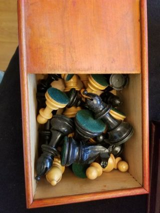 Vintage Complete Wooden Chessmen Set In Wooden Box With Sliding Lid