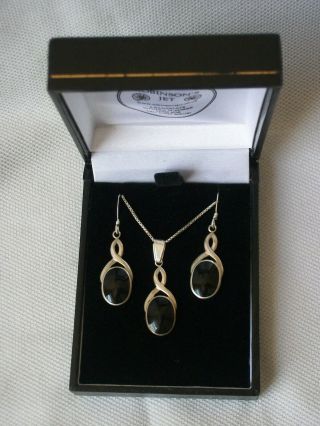 Vintage Whitby Jet Sterling Silver 925 Necklace & Earrings Set Boxed.  Robinsons