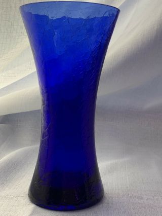 Vtg Crackle Glass Bud Vase Cobalt Blue Art Glass Mcm Home Decor Collectible Gift