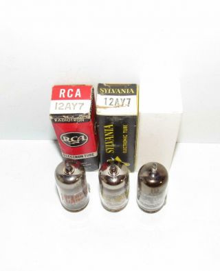 Set Of 3 Type 12ay7 Amplifier Tubes.  Rca,  Sylvania & Ge.  Tv - 7 Test Very Strong.